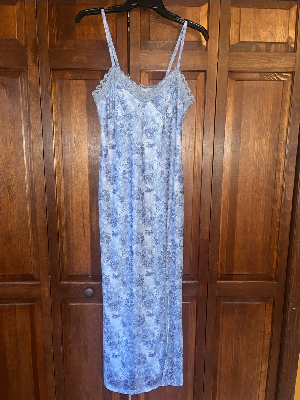 No Boundaries Blue Floral Lace-Trim Long Dress